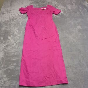 Vintage Marie St Claire 100% Linen Dress‎ Barbie Pink Embroidered Sz 8 Long Maxi